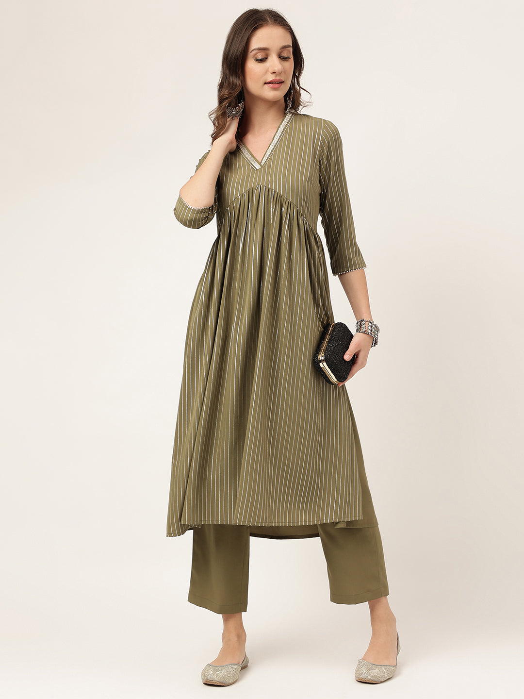 FIORRA Women's Olive Green Poly Crepe A-line Kurta with Pant