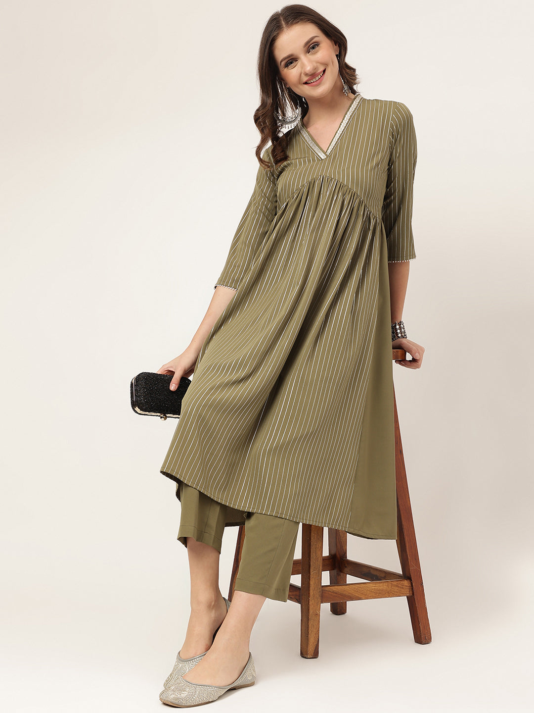 FIORRA Women's Olive Green Poly Crepe A-line Kurta with Pant