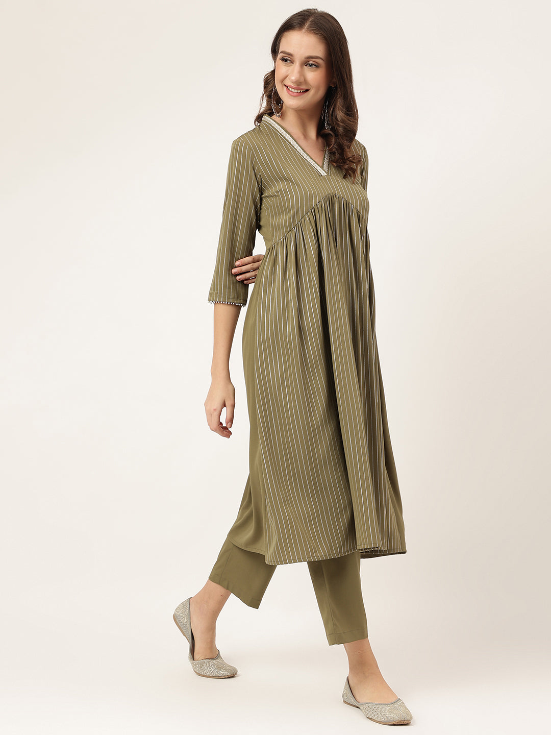 FIORRA Women's Olive Green Poly Crepe A-line Kurta with Pant