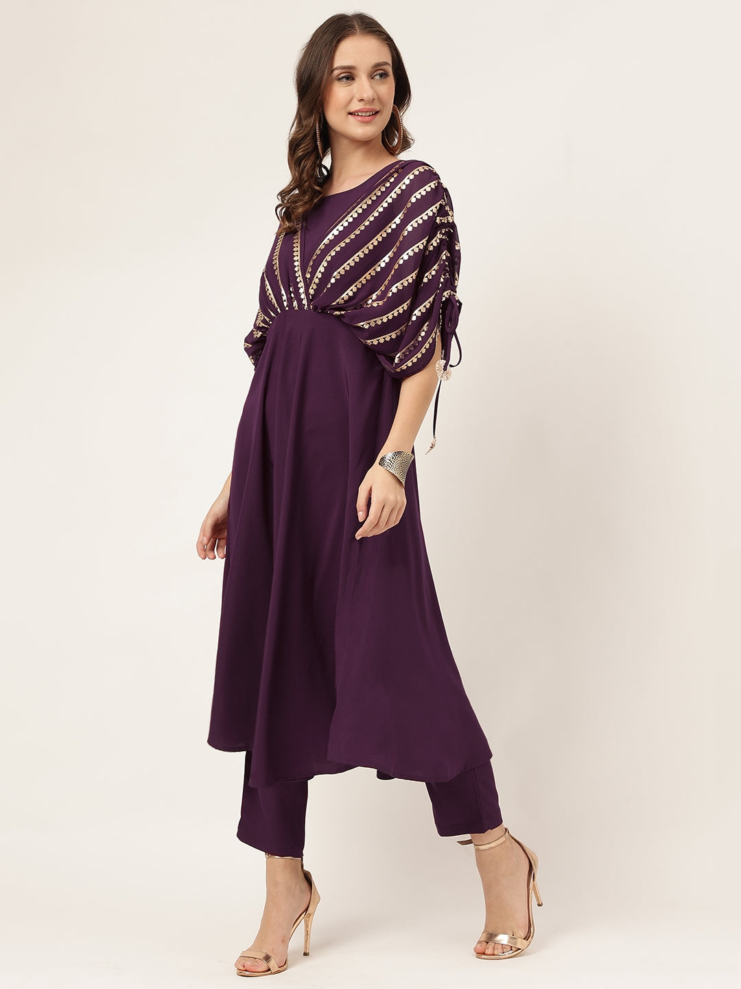 FIORRA Women's Purple Poly Crepe A-line Kurta with Pant