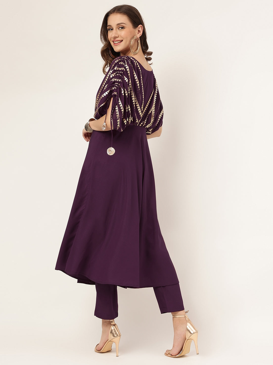 FIORRA Women's Purple Poly Crepe A-line Kurta with Pant