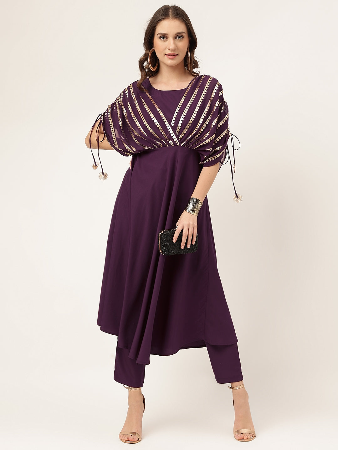 FIORRA Women's Purple Poly Crepe A-line Kurta with Pant