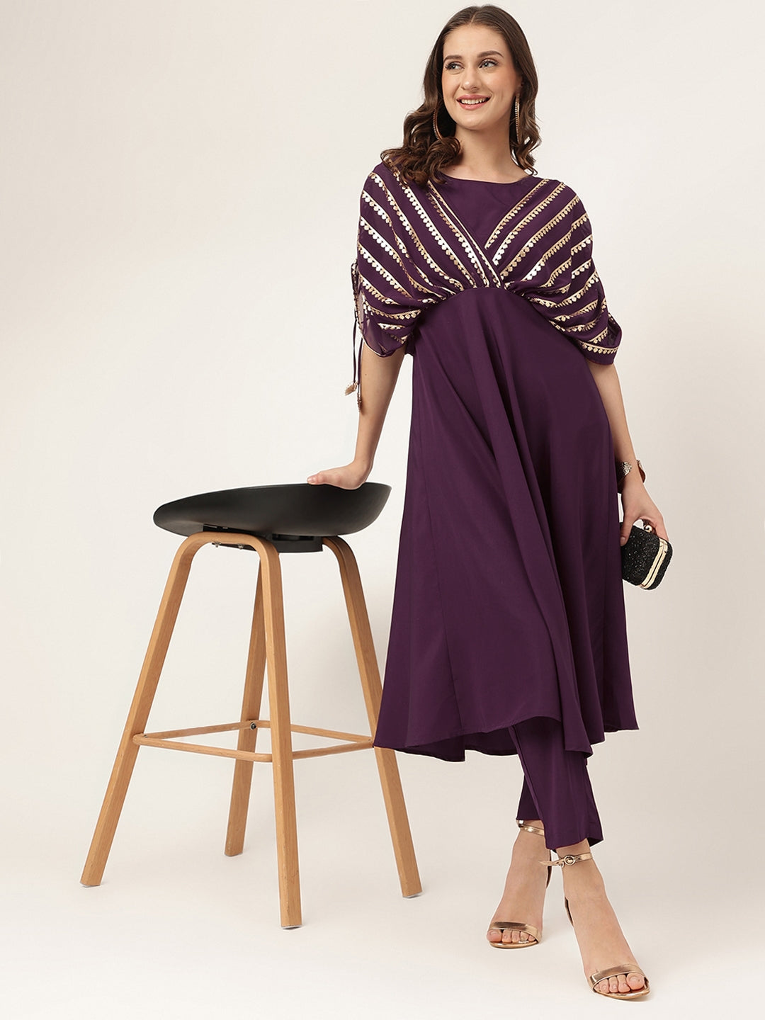 FIORRA Women's Purple Poly Crepe A-line Kurta with Pant