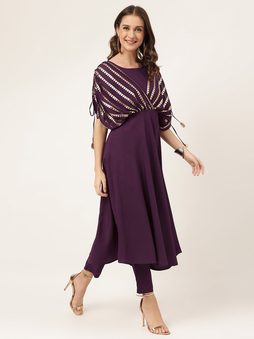 FIORRA Women's Purple Poly Crepe A-line Kurta with Pant