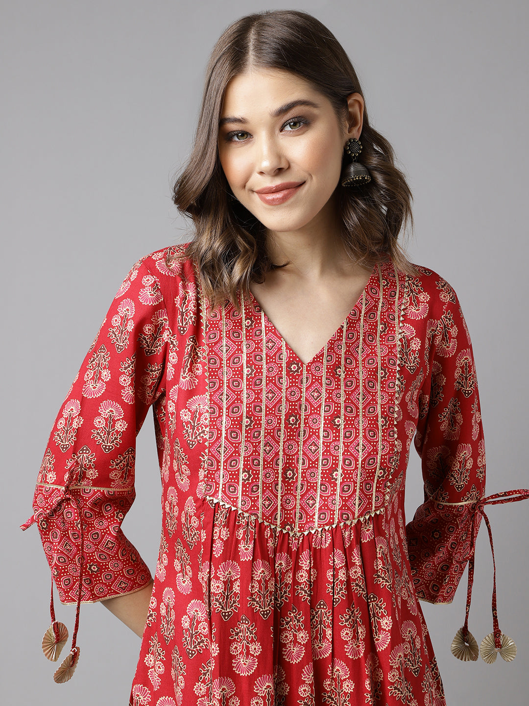 FIORRA Women's Red Cotton A-Line Kurta Pant