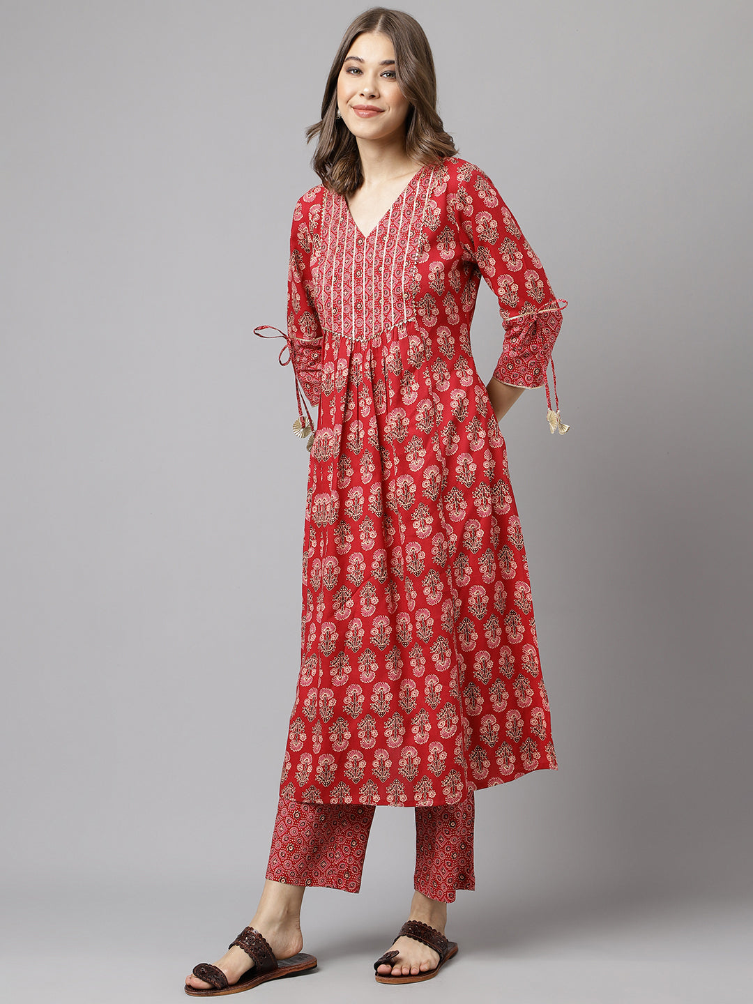 FIORRA Women's Red Cotton A-Line Kurta Pant