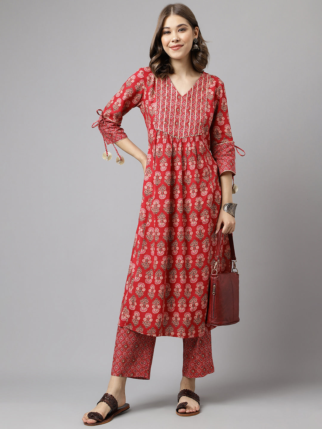 FIORRA Women's Red Cotton A-Line Kurta Pant