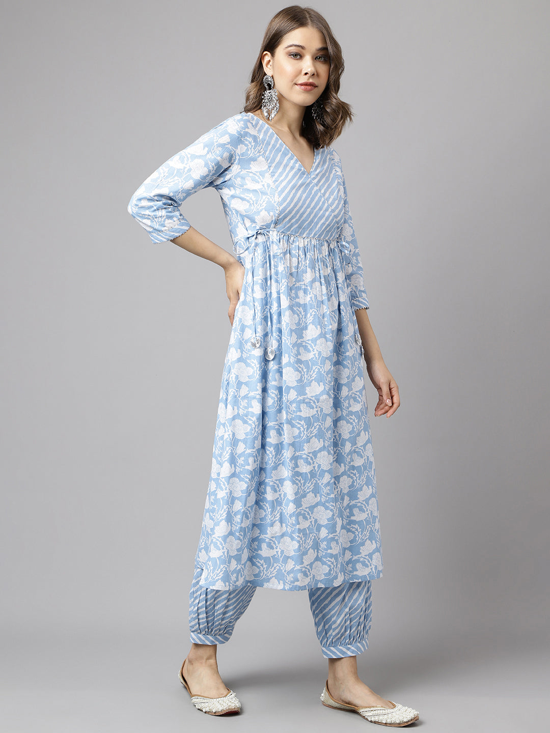 FIORRA Women's Blue Pure Cotton A-line Kurta with Pant