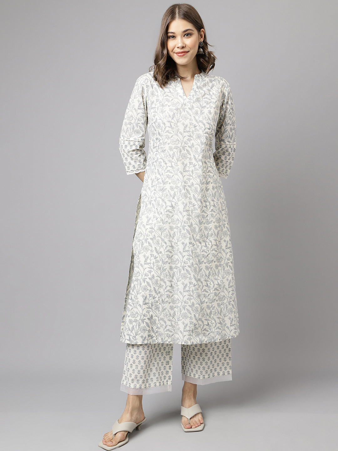 FIORRA Women's Off White Cotton A-line Kurta with Palazzo
