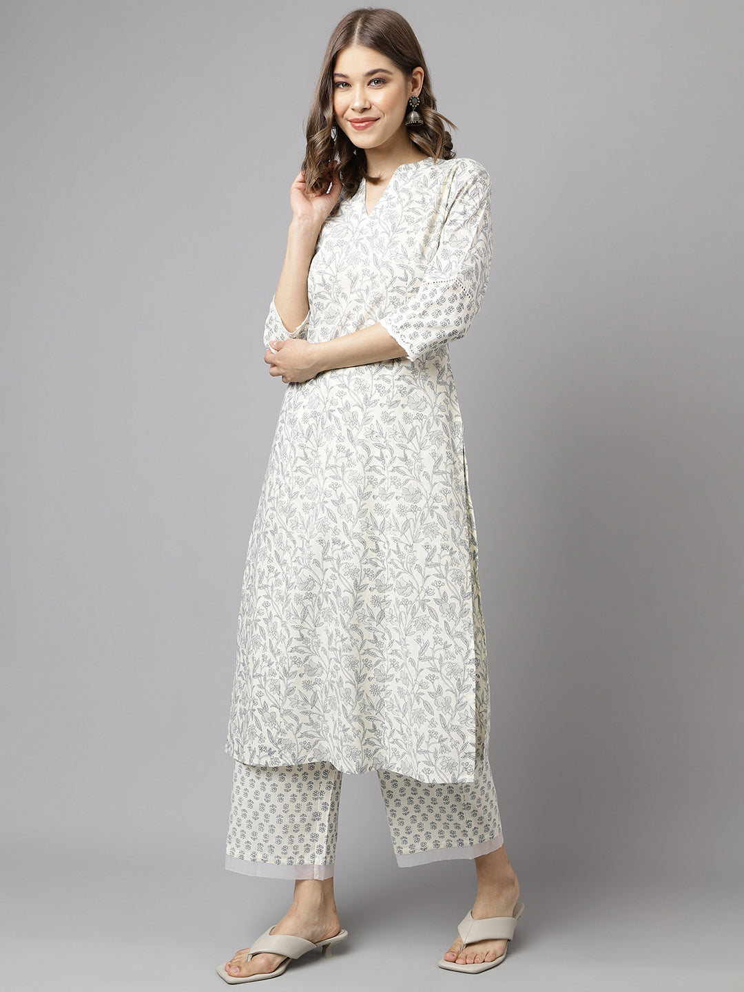 FIORRA Women's Off White Cotton A-line Kurta with Palazzo