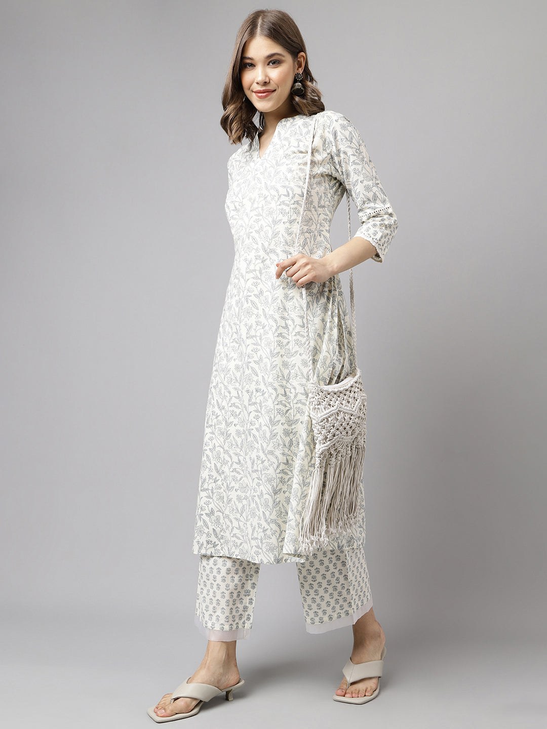 FIORRA Women's Off White Cotton A-line Kurta with Palazzo