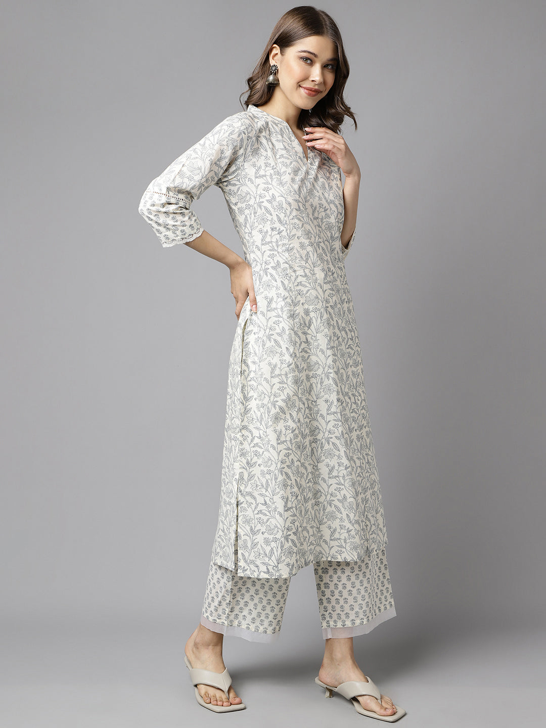 FIORRA Women's Off White Cotton A-line Kurta with Palazzo