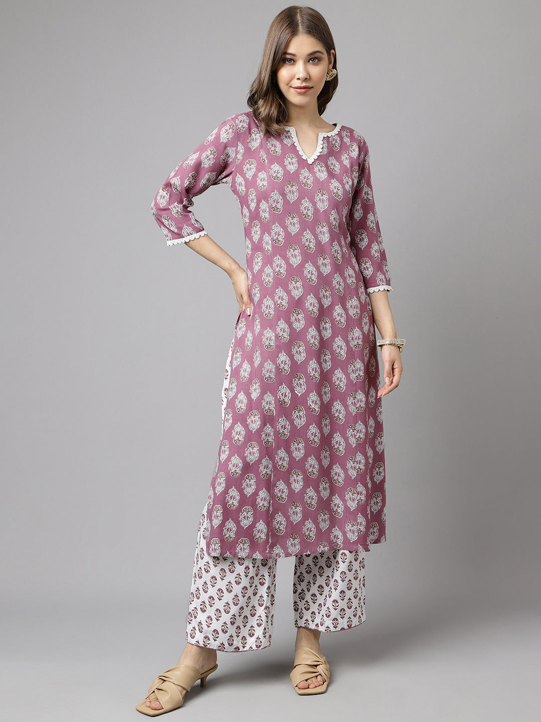 FIORRA Women's Light Purple Cotton A-line Kurta with Pant