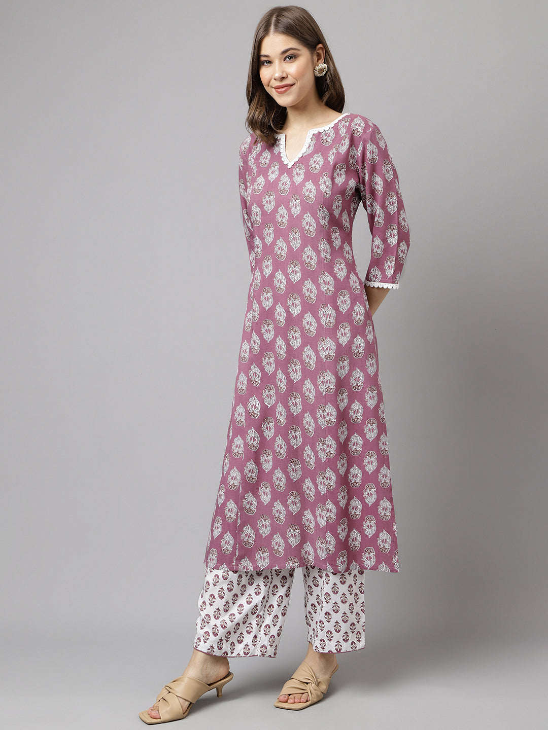 FIORRA Women's Light Purple Cotton A-line Kurta with Pant