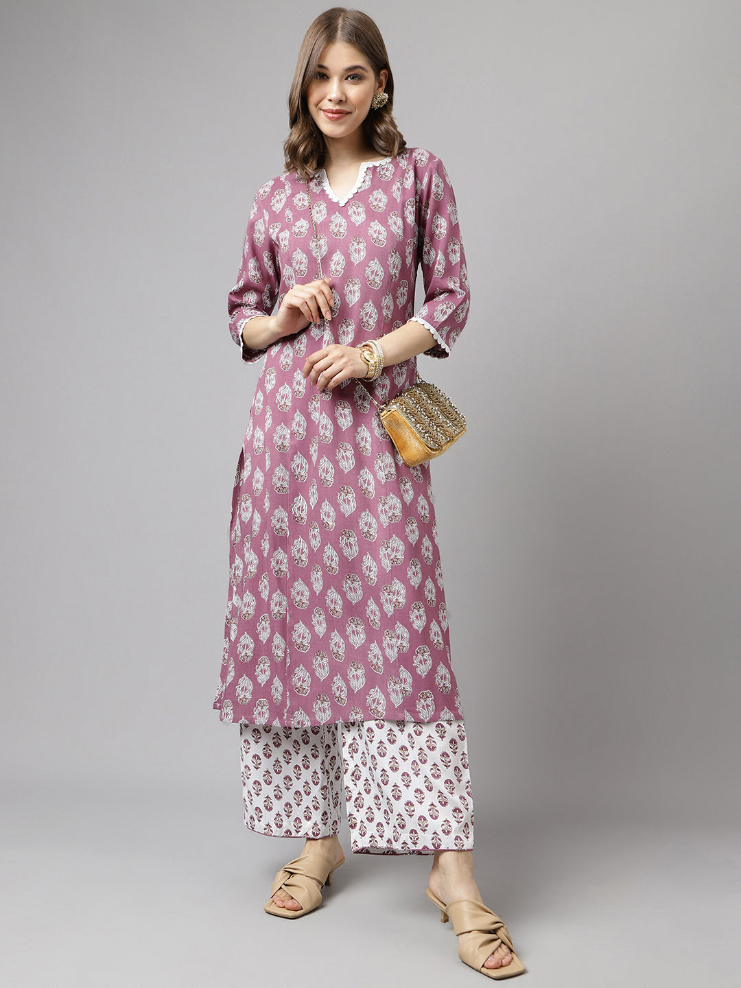 FIORRA Women's Light Purple Cotton A-line Kurta with Pant