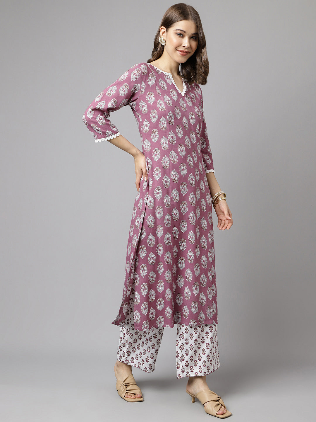 FIORRA Women's Light Purple Cotton A-line Kurta with Pant