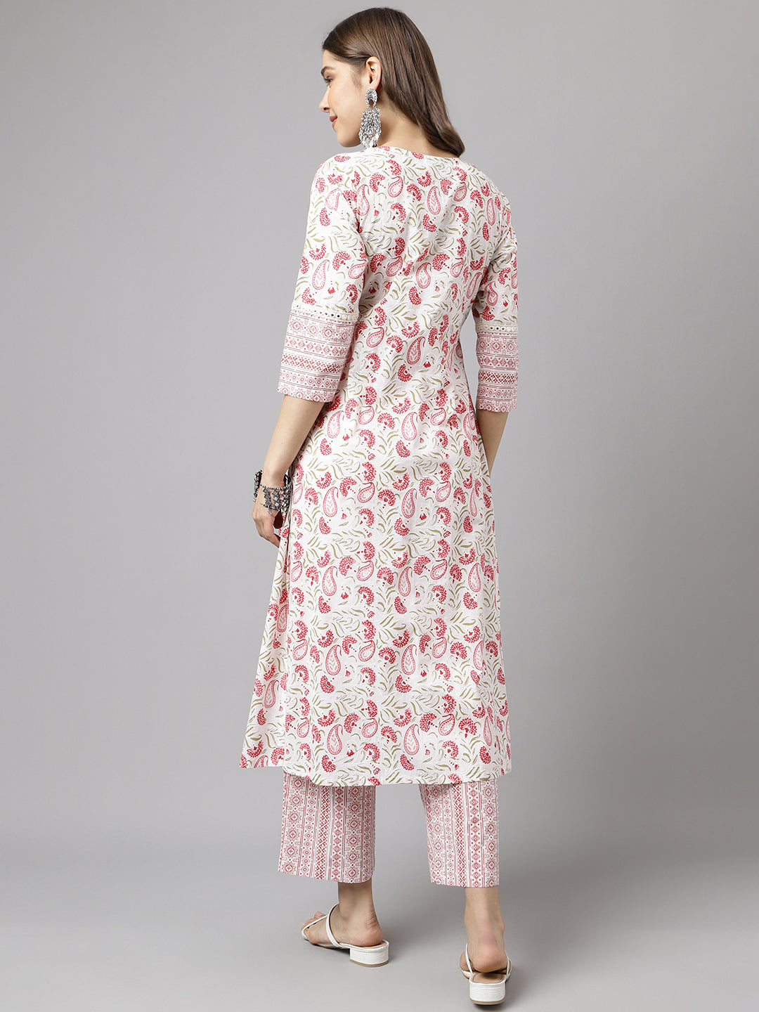 FIORRA Women's White Cotton A-line Kurta with Palazzo