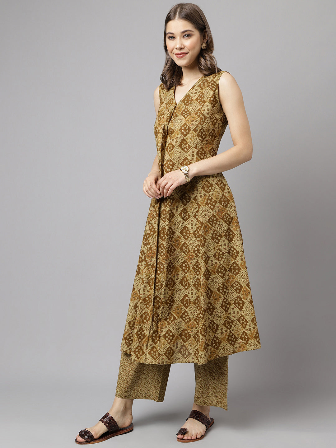 FIORRA Women's Brown Cotton A-Line Kurta with Palazzo