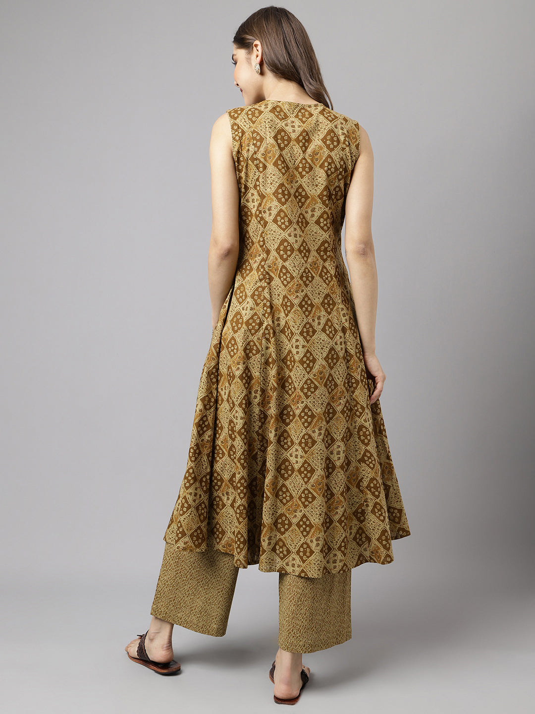 FIORRA Women's Brown Cotton A-Line Kurta with Palazzo