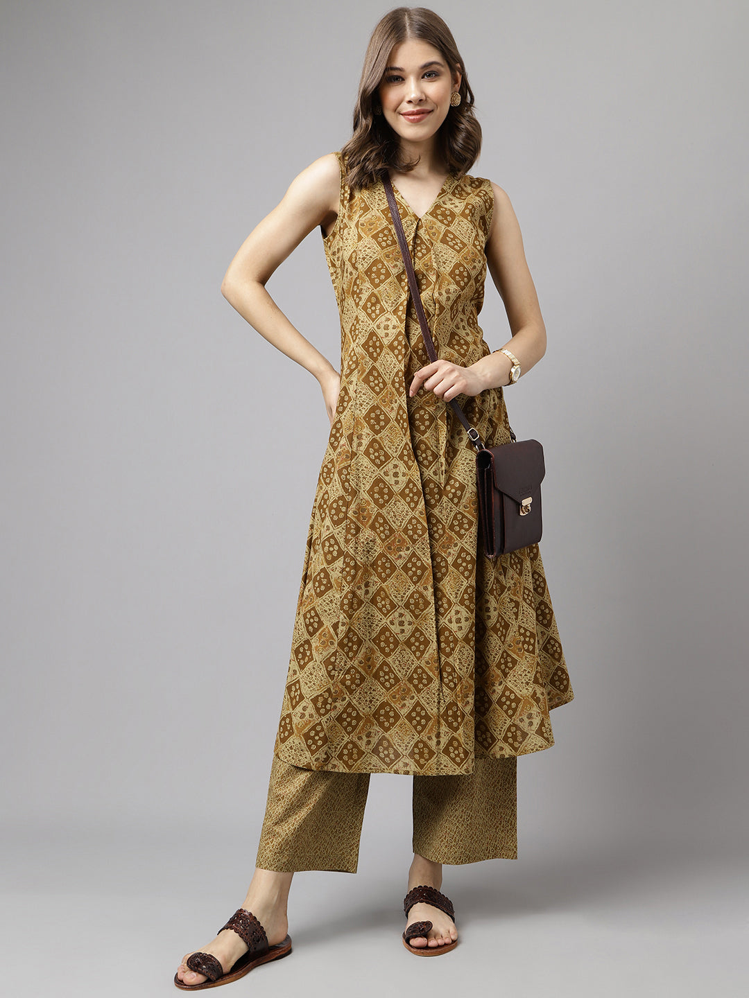 FIORRA Women's Brown Cotton A-Line Kurta with Palazzo