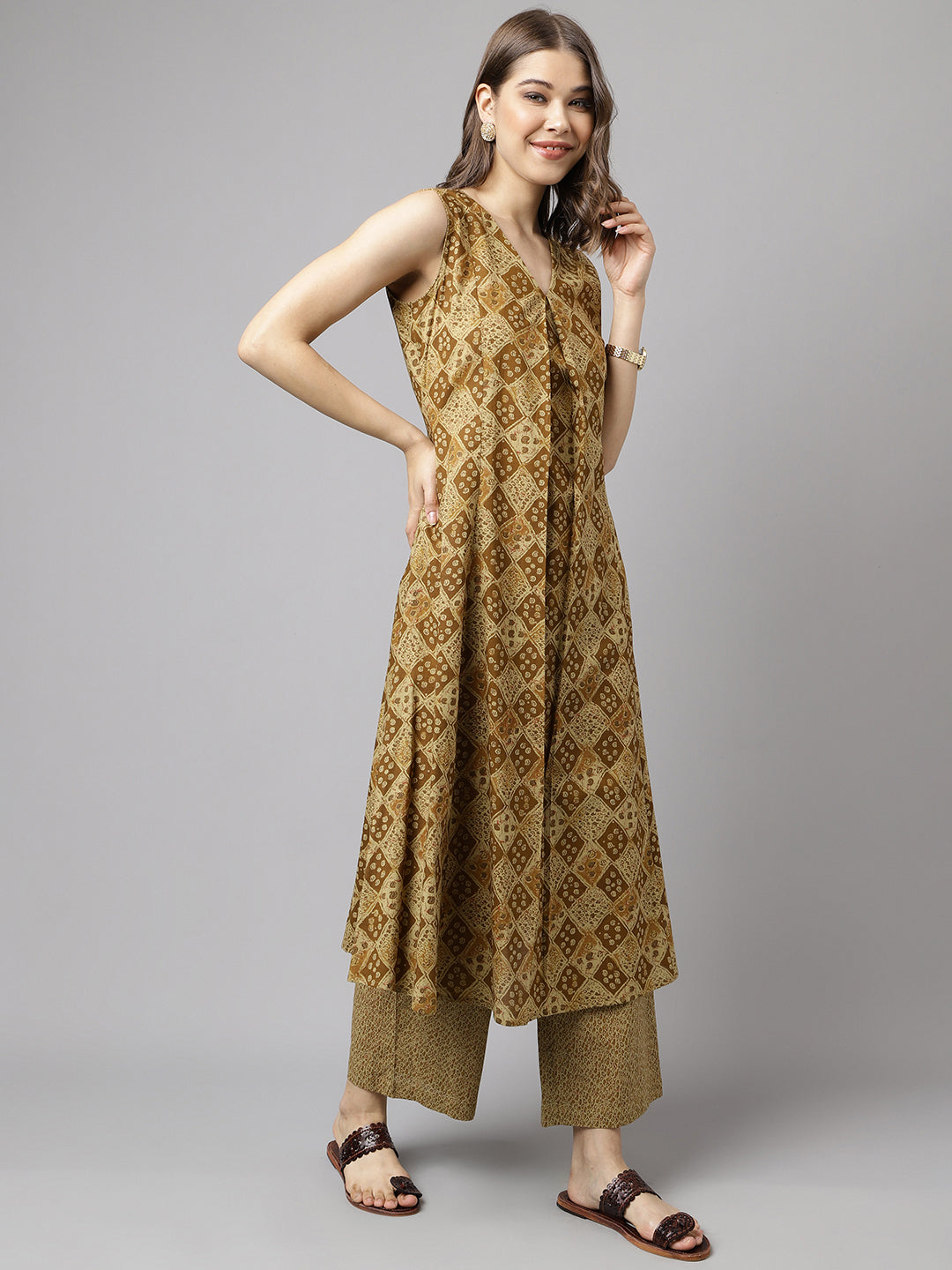 FIORRA Women's Brown Cotton A-Line Kurta with Palazzo