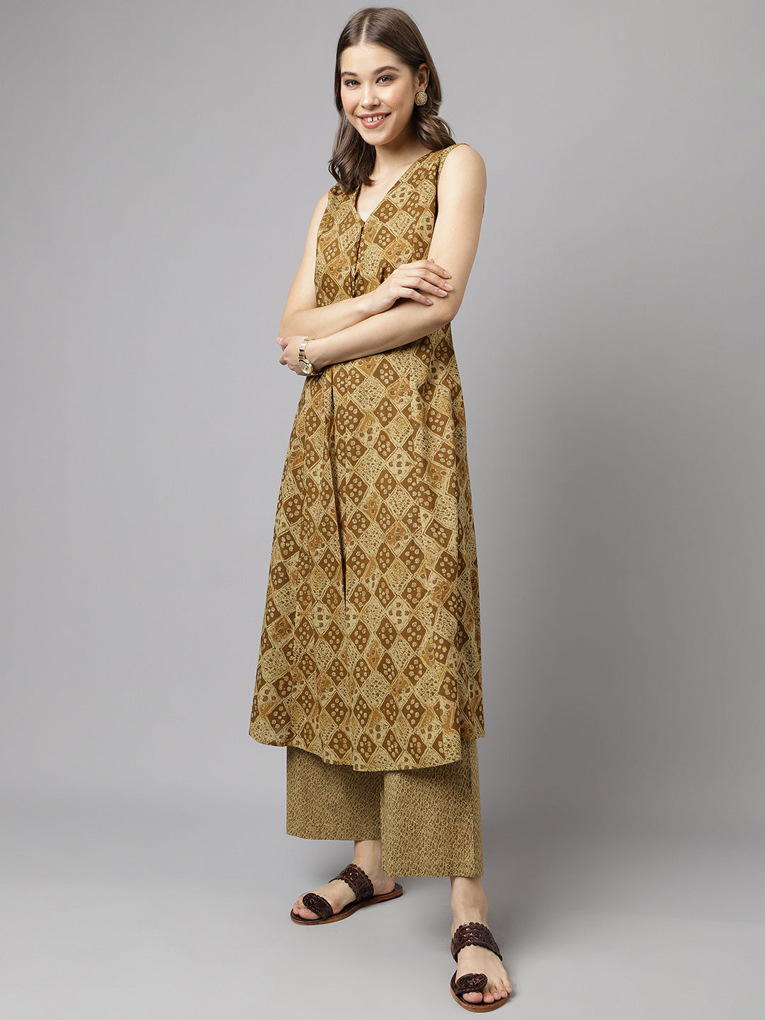 FIORRA Women's Brown Cotton A-Line Kurta with Palazzo