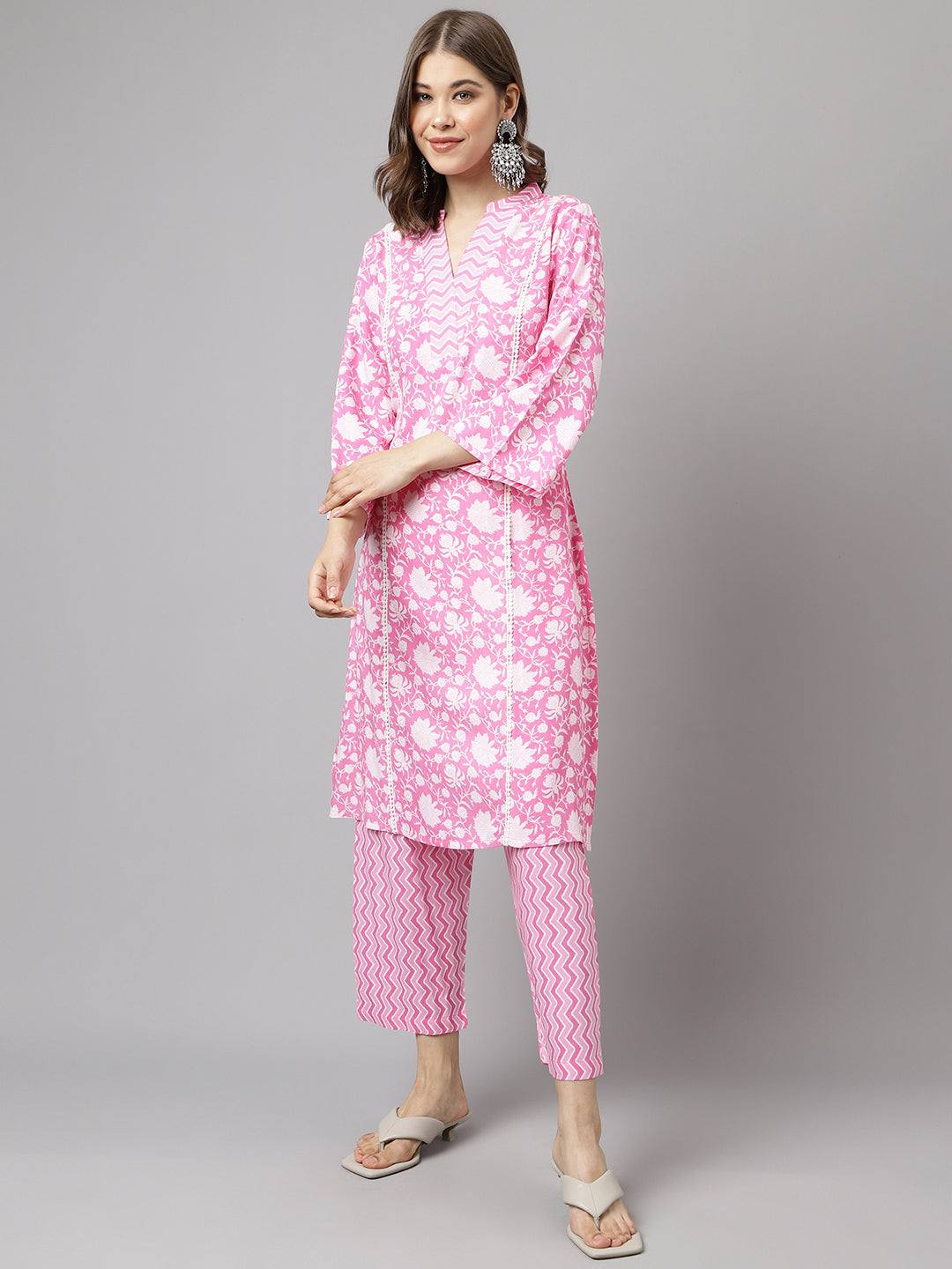 FIORRA Women's Pink Pure Cotton A-line Kurta with Pant