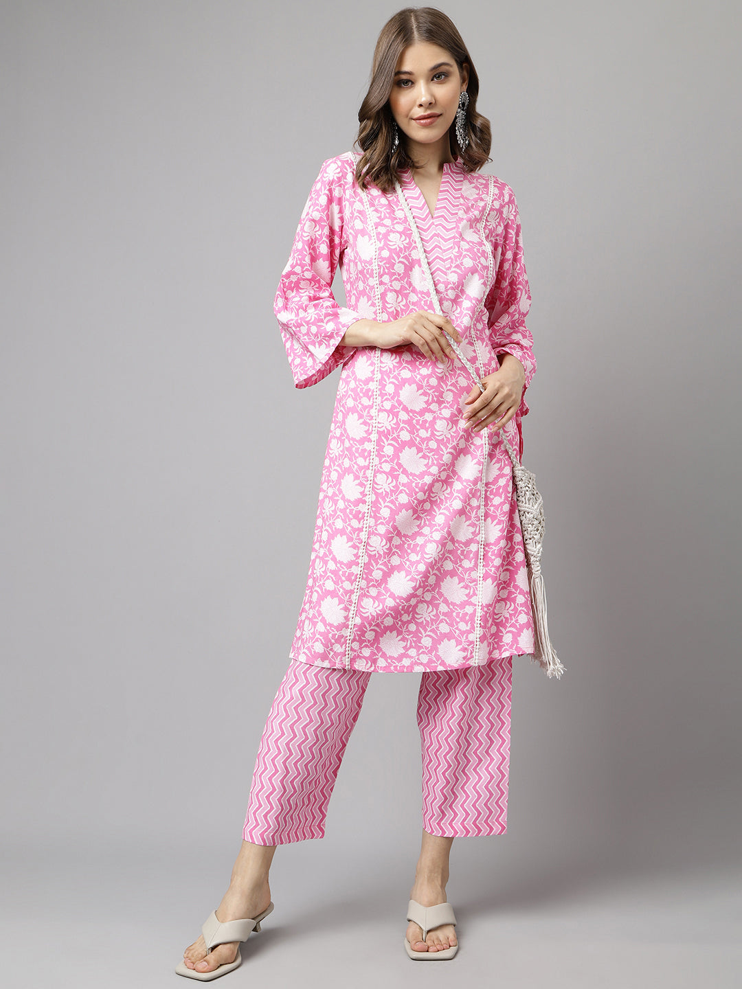 FIORRA Women's Pink Pure Cotton A-line Kurta with Pant