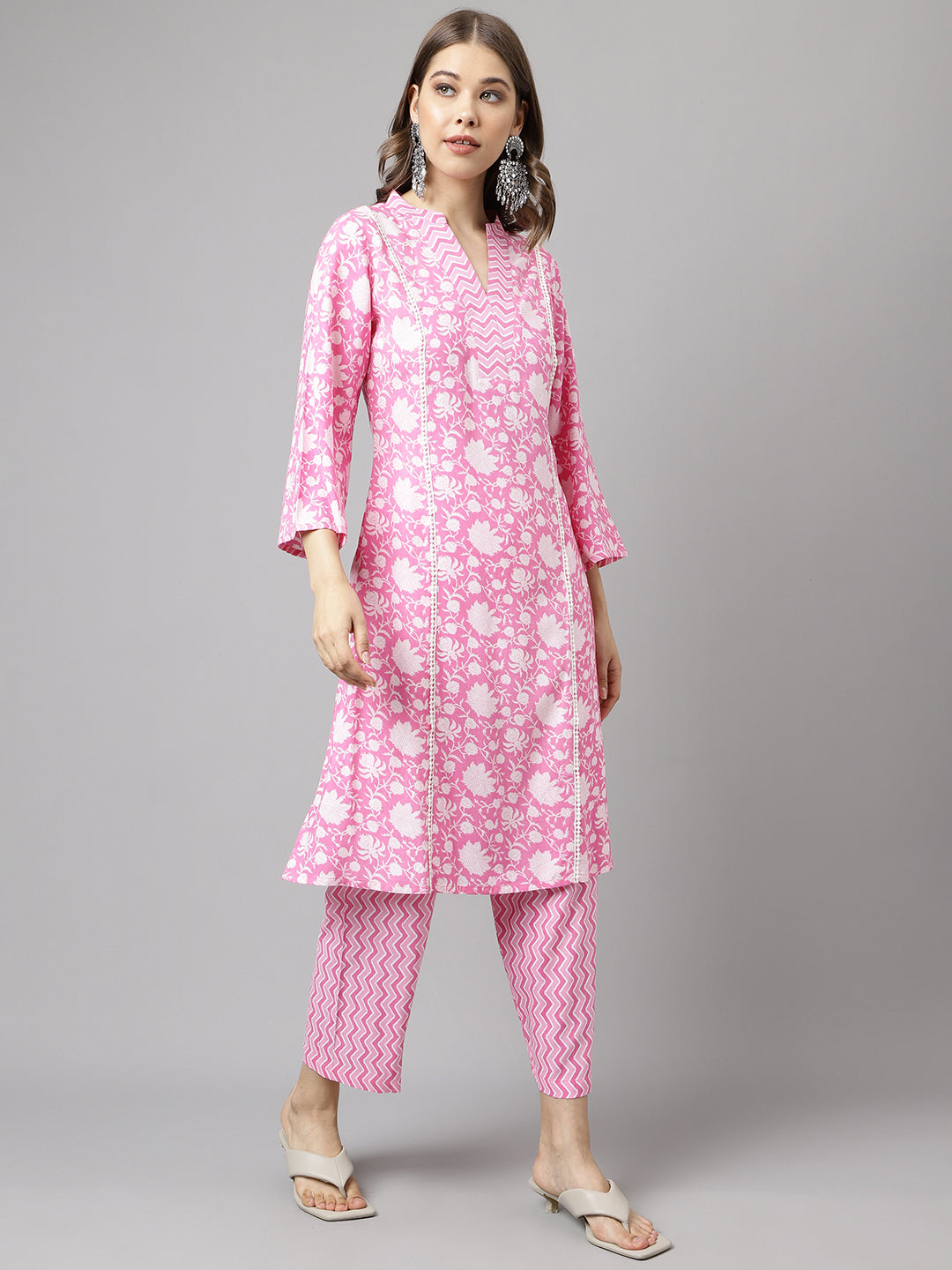 FIORRA Women's Pink Pure Cotton A-line Kurta with Pant