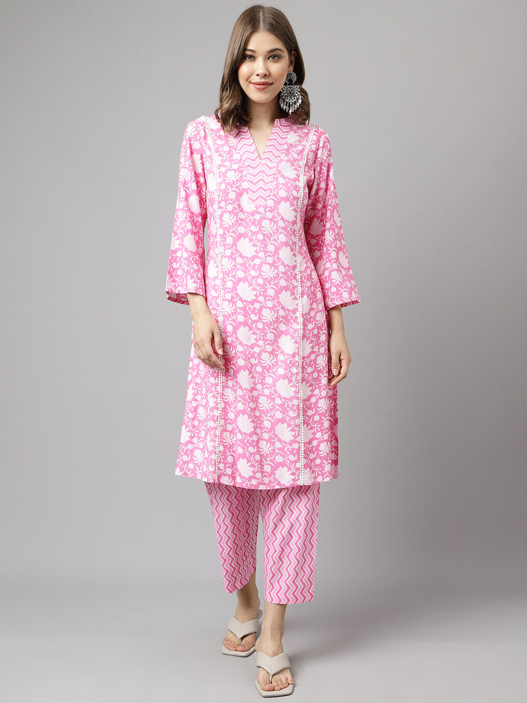 FIORRA Women's Pink Pure Cotton A-line Kurta with Pant