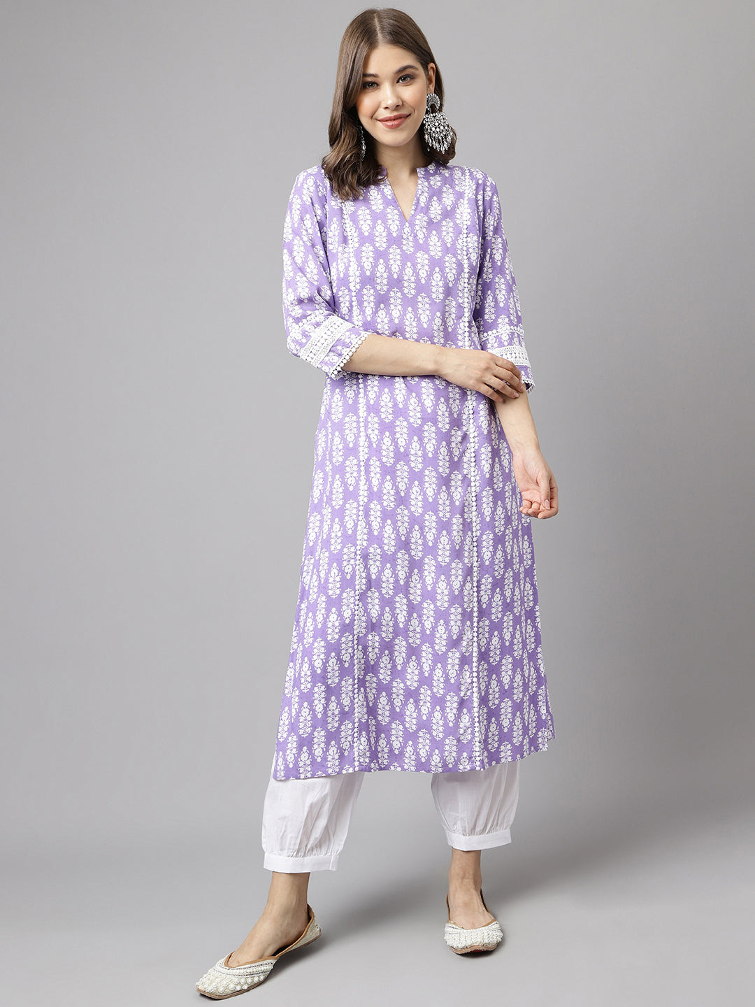 FIORRA Women's Light Purple Cotton A-Line Kurta with Pant
