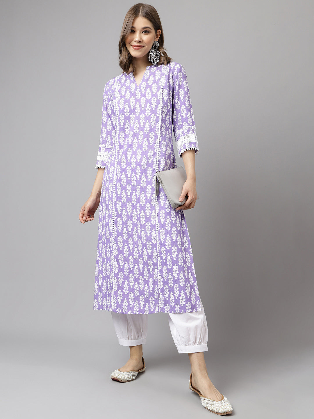 FIORRA Women's Light Purple Cotton A-Line Kurta with Pant