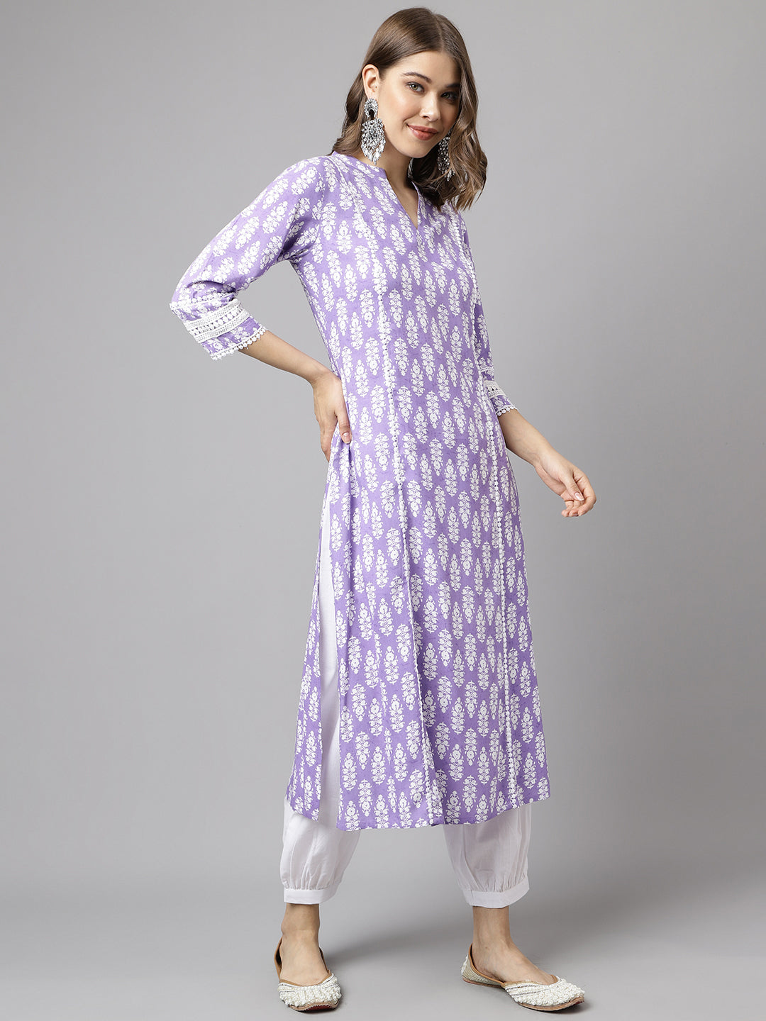 FIORRA Women's Light Purple Cotton A-Line Kurta with Pant