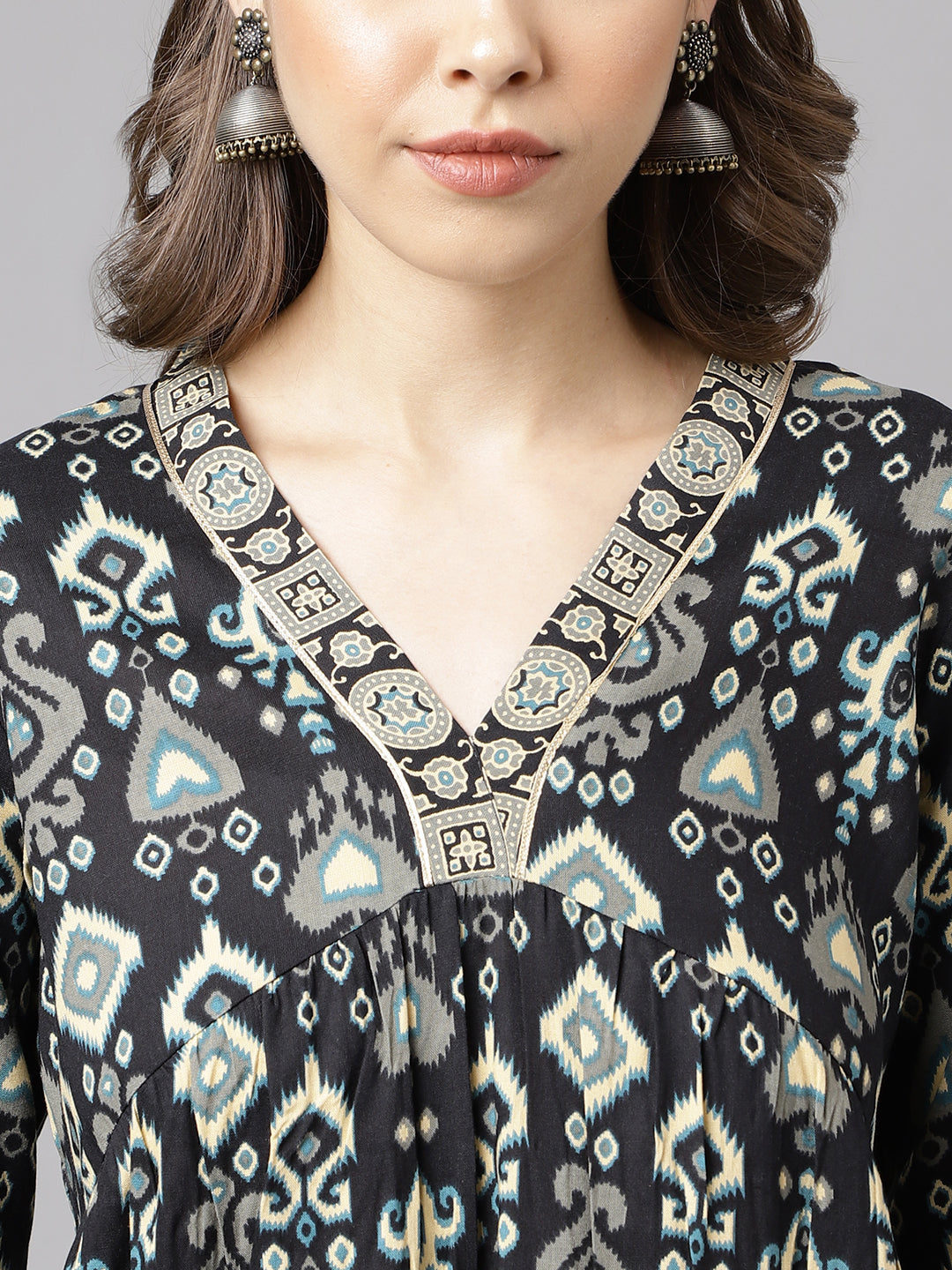 FIORRA Women's Black Cotton A-Line Kurta with Palazzo