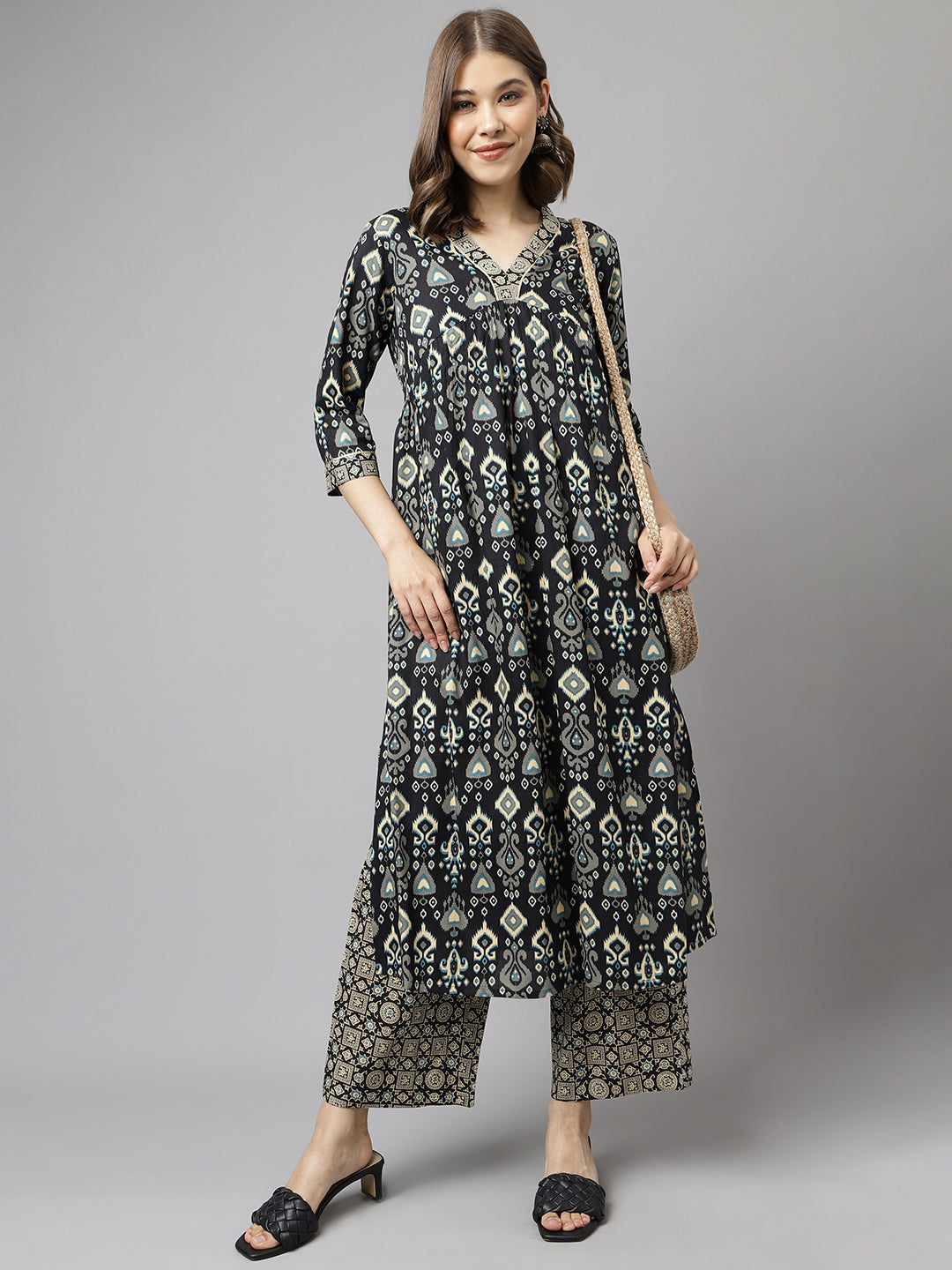 FIORRA Women's Black Cotton A-Line Kurta with Palazzo