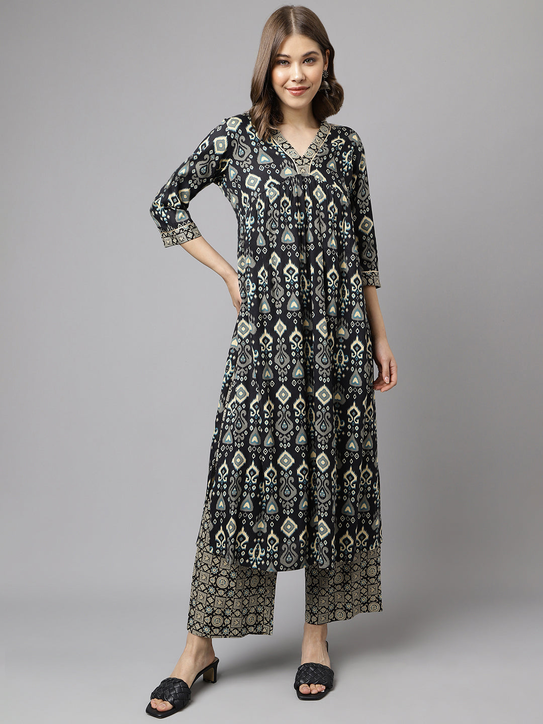 FIORRA Women's Black Cotton A-Line Kurta with Palazzo