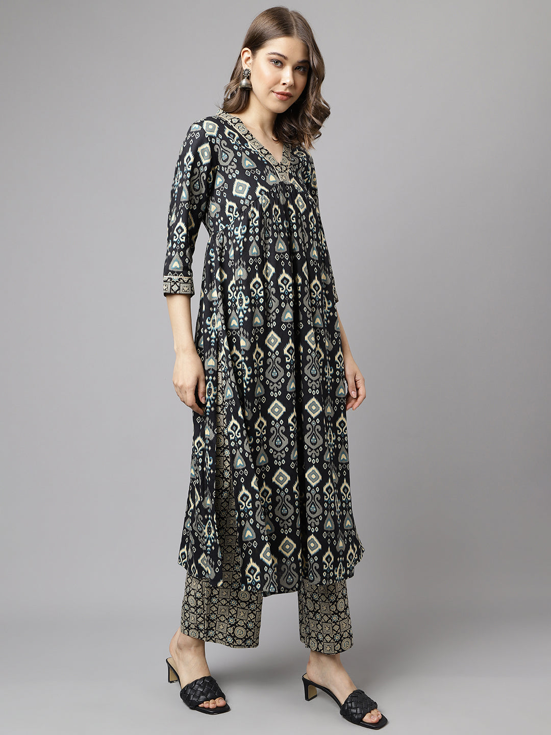 FIORRA Women's Black Cotton A-Line Kurta with Palazzo