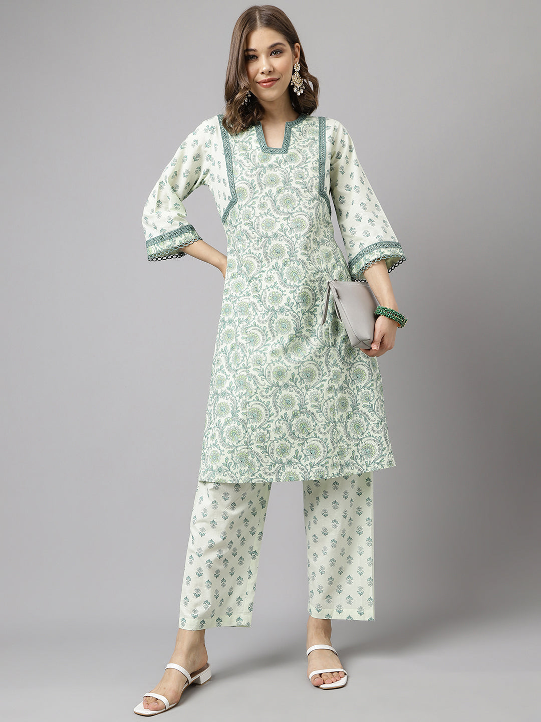 FIORRA Women's Mint Green Pure Cotton A-line Kurta with Pant