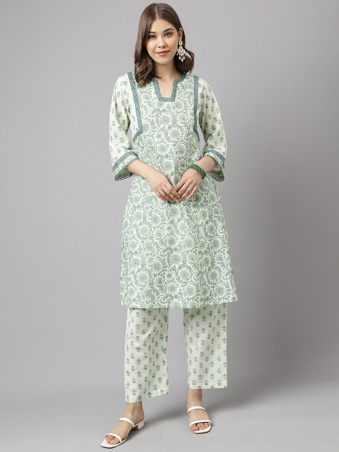 FIORRA Women's Mint Green Pure Cotton A-line Kurta with Pant
