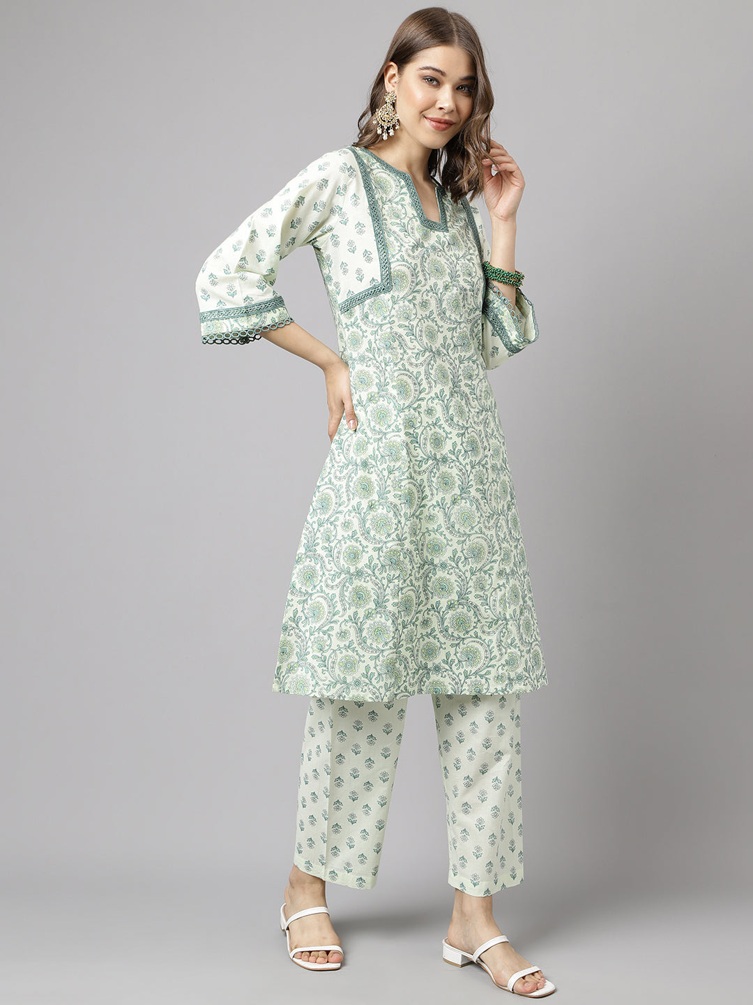 FIORRA Women's Mint Green Pure Cotton A-line Kurta with Pant