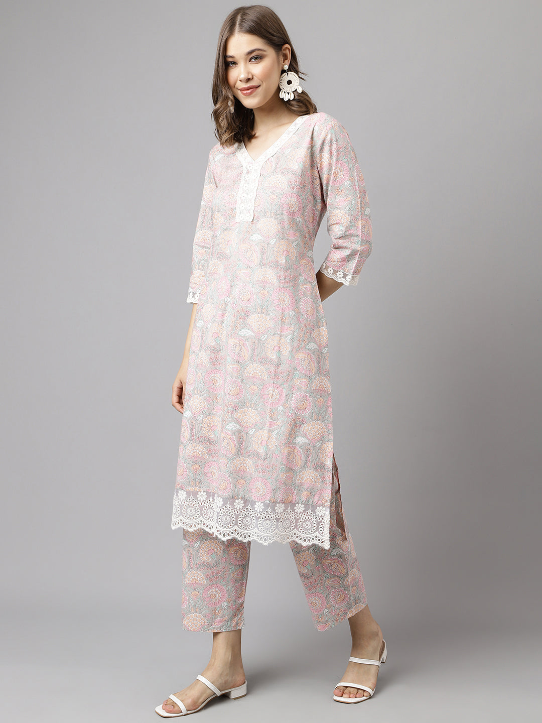 FIORRA Women's Pink Cotton A-line Kurta with Pant