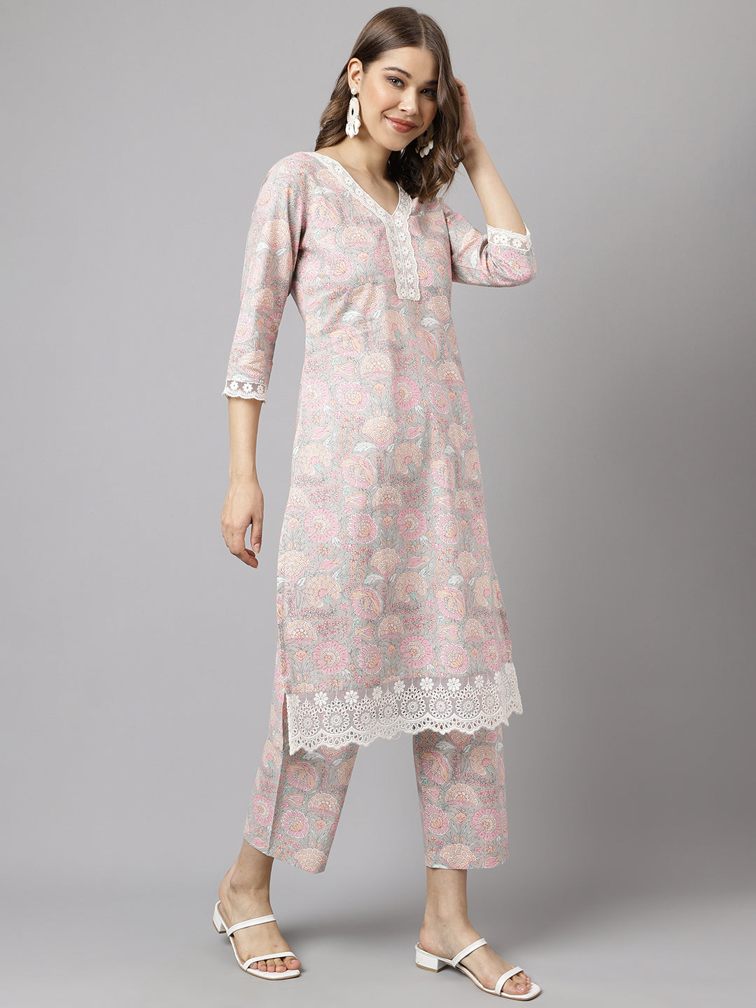 FIORRA Women's Pink Cotton A-line Kurta with Pant