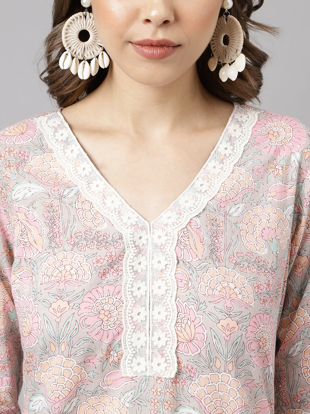 FIORRA Women's Pink Cotton A-line Kurta with Pant