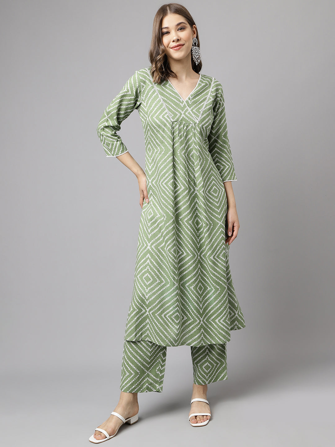 FIORRA Women's Green Cotton A-line Kurta with Palazzo