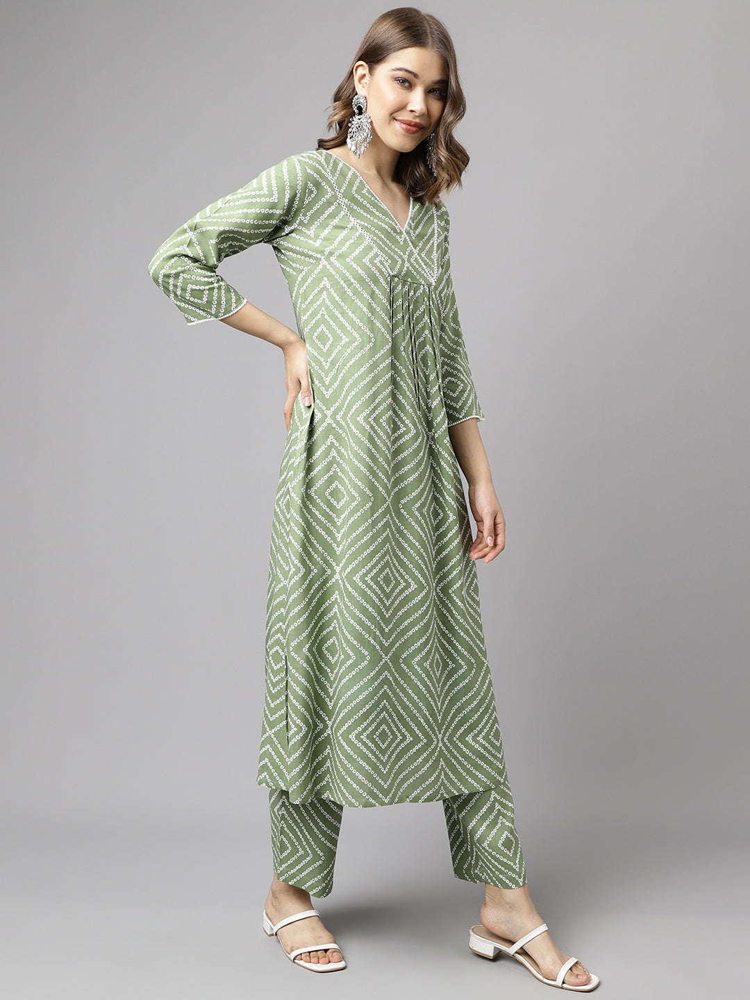 FIORRA Women's Green Cotton A-line Kurta with Palazzo