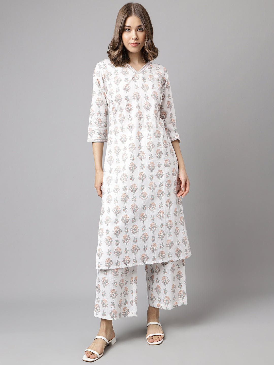 FIORRA Women's White Cotton A-Line Kurta with Palazzo
