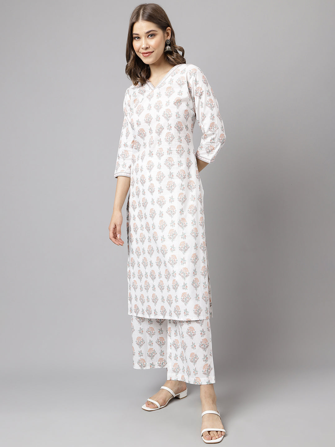 FIORRA Women's White Cotton A-Line Kurta with Palazzo