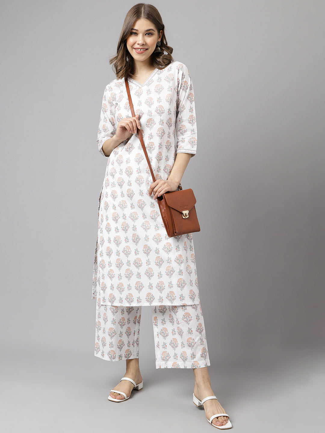 FIORRA Women's White Cotton A-Line Kurta with Palazzo