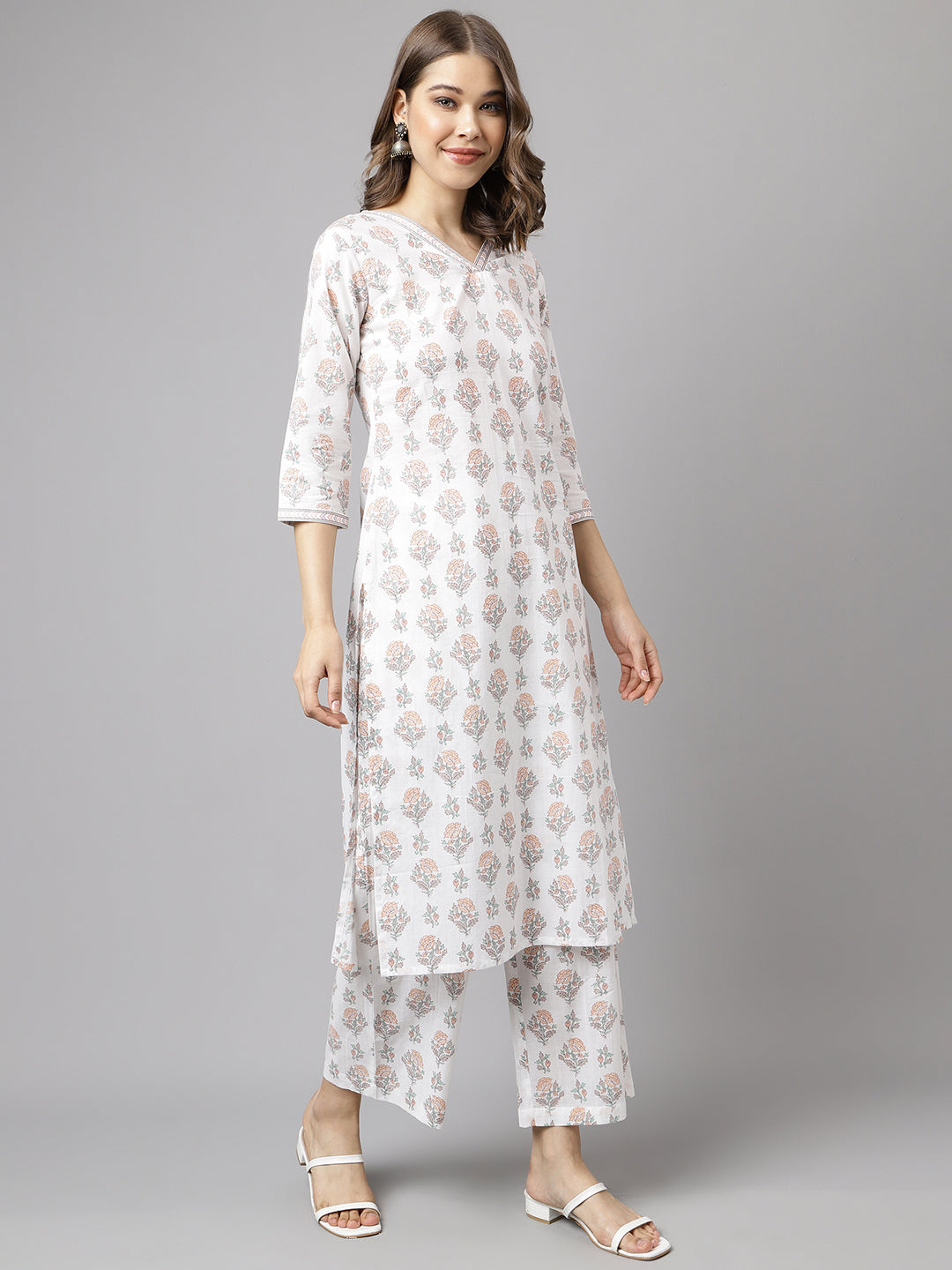 FIORRA Women's White Cotton A-Line Kurta with Palazzo