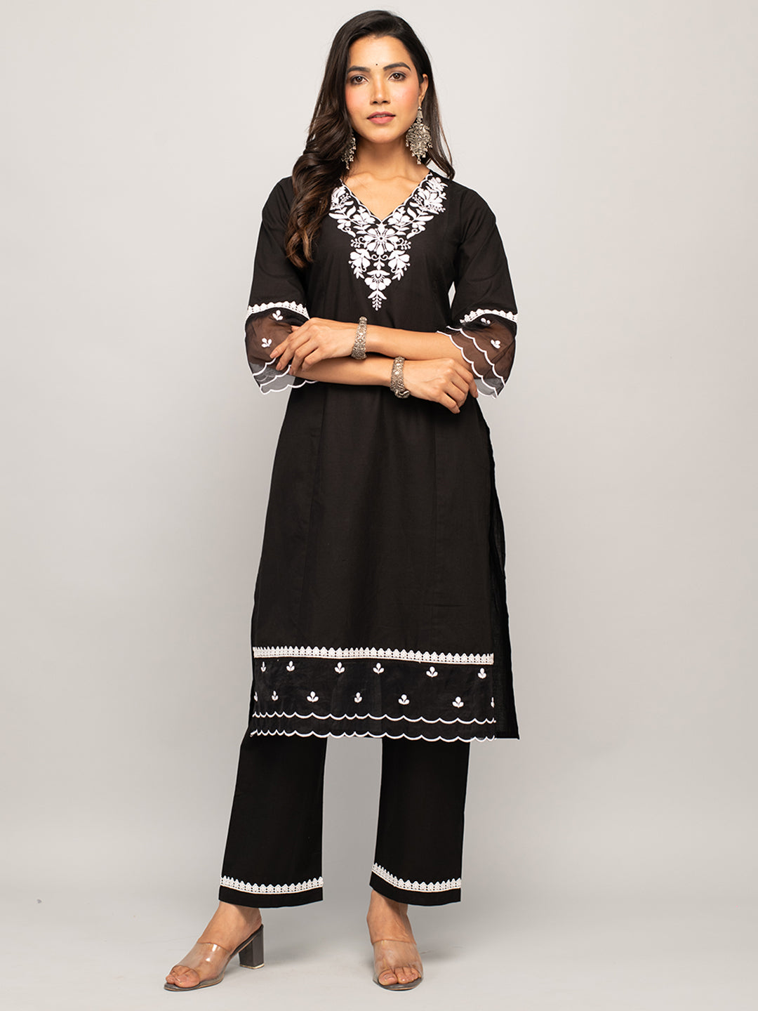 FIORRA Women's Black Cotton Floral Embroidery Straight Kurta with Palazzo